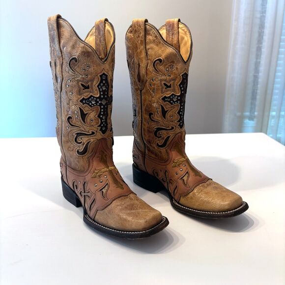 Corral Antique Saddle Metal Cross Square Toe‎ Metal Stud Boots C1167 Size 7 M - Picture 4 of 15